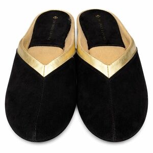 Jacques Levine Black Suede Mule Slippers Gold Trim Wedge Size 5